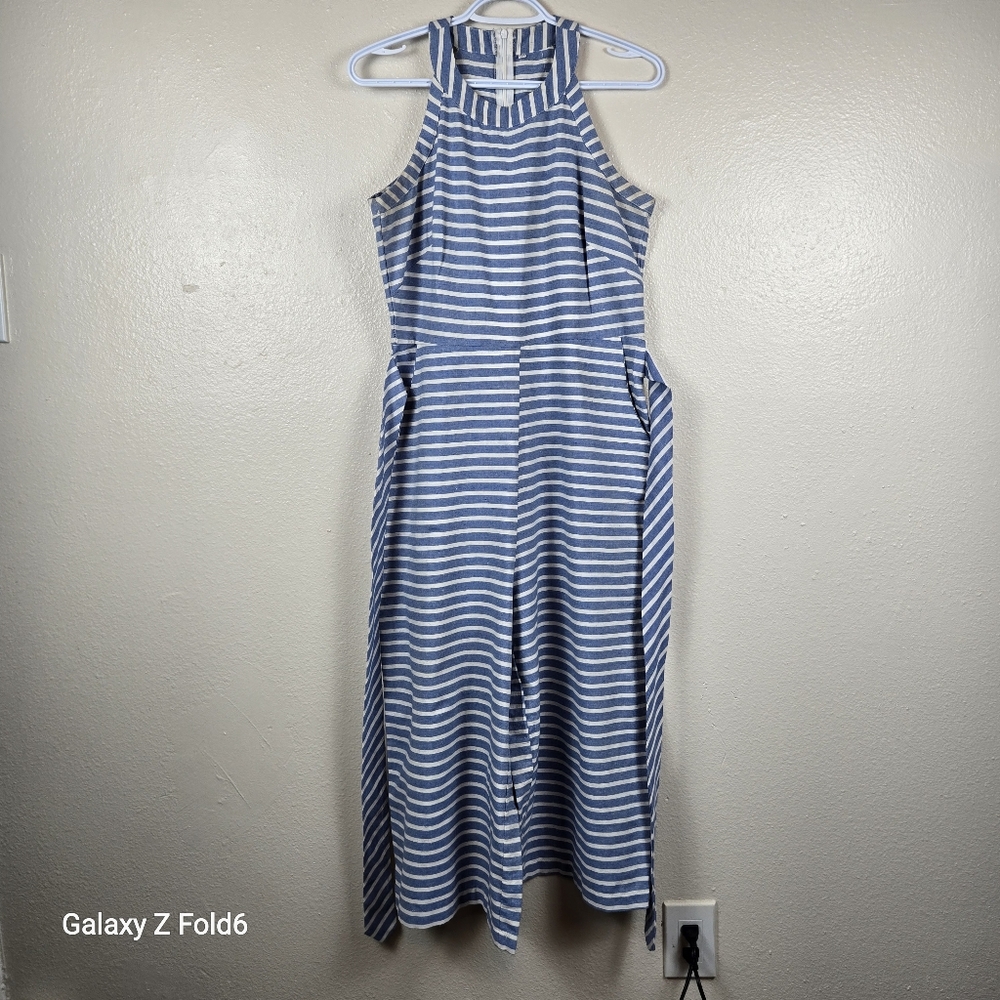 Striped Wide Leg Jumpsuit L Blue White Sleeveless One Piece Material Tag Missing